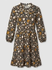 Universal Thread Navy Floral Ruffle Neck Midi Dress with Mustard Accents Med