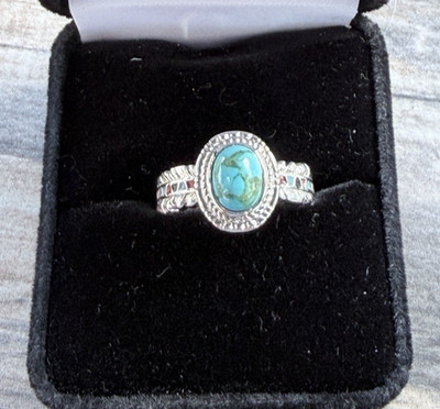 Southwestern Style Turquoise Ring Size 7 Silver Tone Feather Inlay Band