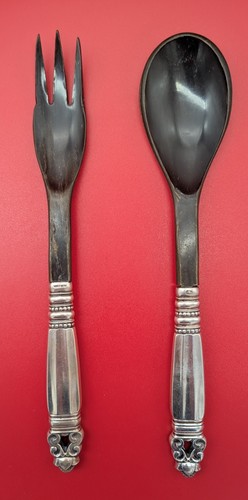 Georg Jensen Acorn Sterling Silver & Horn Salad Serving Set Denmark 9"