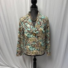 RQT Floral Blazer Womens Size Medium Brown Teal Single Button Linen Boho Jacket