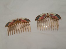 Pair of vintage Cloisonne Butterfly Enamel Hair Combs Gold Tone
