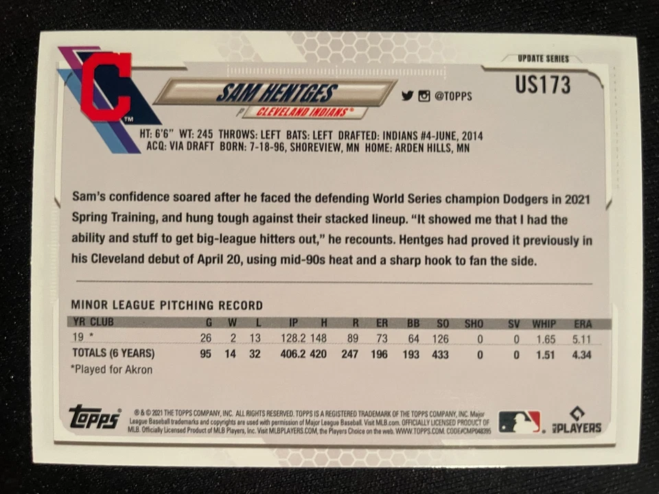 Sam HENTGES RC 2021 Topps Update Series #US173 Cleveland Guardians - Image 2 of 2