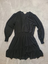 MICHAEL Michael Kors Black Ruffle Smocked A-Line Short Dress XL Long Sleeve