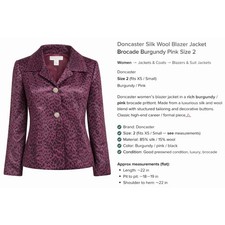 Doncaster Silk Wool Blazer Jacket Brocade Burgundy Pink Size XS/S