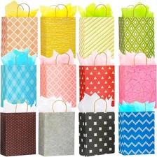 12 Pack 13" Large Kraft Gift Bags with Handles & Tissue, Assorted Patterns for G