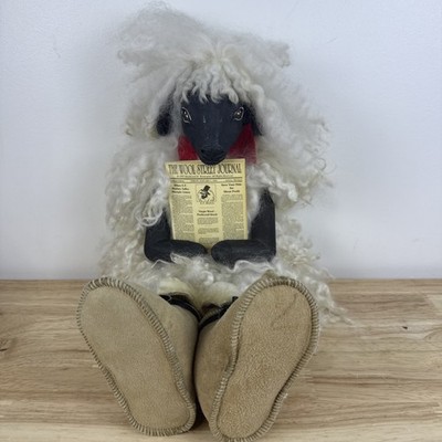 Rare Vintage 18  Wooden Sheep Shelf Sitter Real Wool Hinged Handcrafted Decor