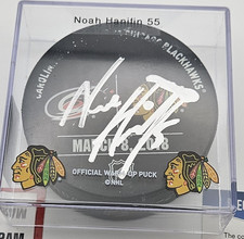 Noah Hanifin Signed Game Warm Up Used Puck Blackhawks Beckett COA 3/8/18 USA