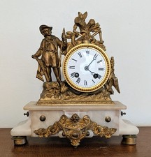 Antique 19thC French Japy Freres Figural Brass & Marble Mantle Clock - As Is