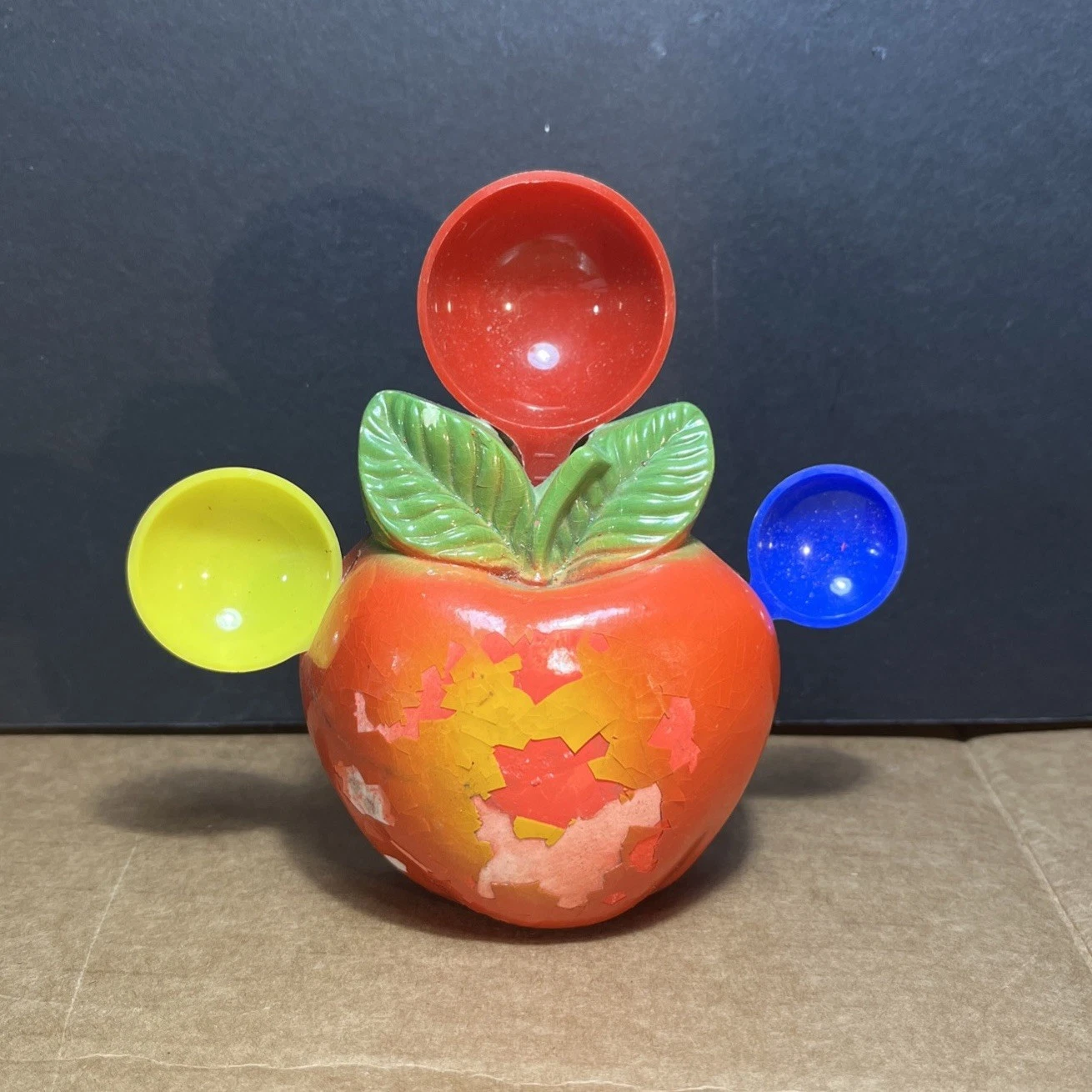 Vintage Chalkware Apple Measuring Spoon Holder Kitchen Decor Chalk Ware Red Blue