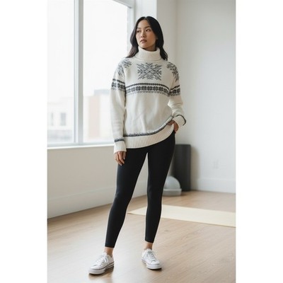 Eddie Bauer Sweater Womens S Ivory Gray Fair Isle Snowflake Turtleneck cabincore
