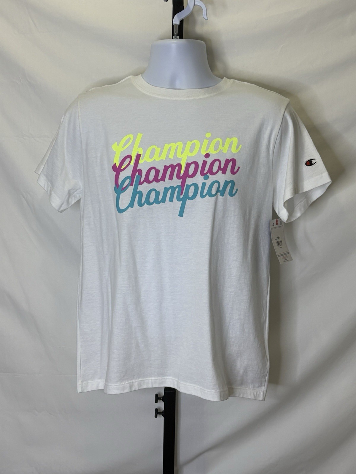 Medium Women's Champion Short Sleeve Jersey Tee in White Colorful Design NWT