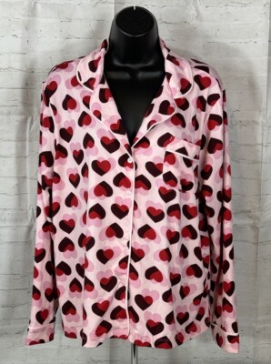 Kate Spade L Loungewear Sleep Shirt Pink Red Hearts Button Up Pocket Stretch