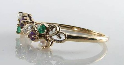 SUFFRAGETTE 9K 9CT GOLD AMETHYST EMERALD PEARL DIAMOND ART DECO INS RING Size K - Picture 4 of 5