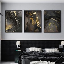 Set Of 3 Black Abstract Prints Poster Marble Wall Art Home Decor Modern Gold 638