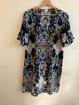 Anthropologie 100 % Seide Boho bedruckt Tunika Minikleid, schwarz, Small, UVP 188 £