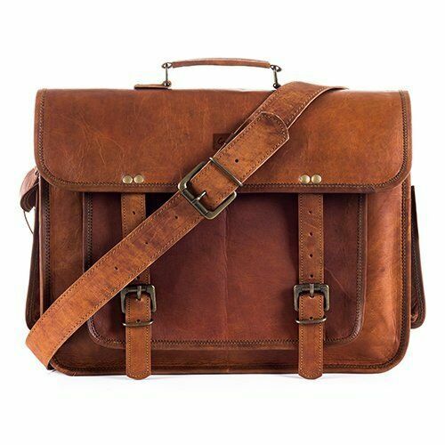 Vintage Brown Real Goat Leather Messenger Briefcase for Men
