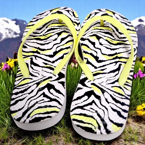 Women's Neon Yellow Zebra Print Flip Flops Summer Beach Sandals by Primark - Picture 2 of 8