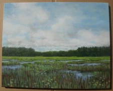 Orig. paint. MARSH WET LAND LAKE FALL AUTUMN TREE NATURE FARM MODERN HOME DECOR