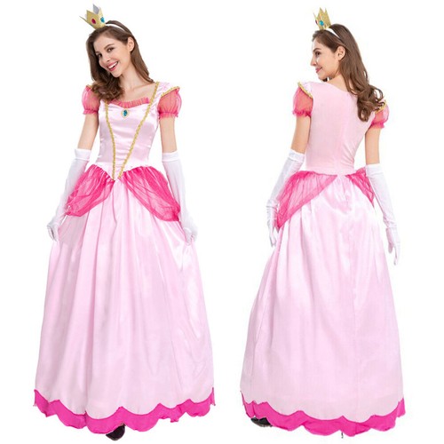 Women Pink Sweet Princess Peach Cosplay Costume Adult Party Dress Up Book Week - Picture 17 of 18