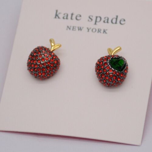 Kate spade jewelry gold plated red apple stud earring cut crystal CZ Green Heart - Picture 1 of 5
