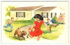 GIRL CHASED BY DOG Vintage 1950's 5" X 8" Book Clipping Clip Art M179