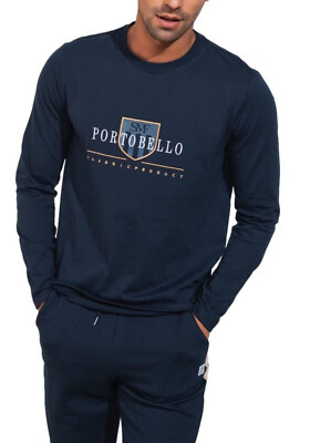 Mens Long Sleeve Round Neck Cotton Blend Print T-Shirt 235009 Nuovo