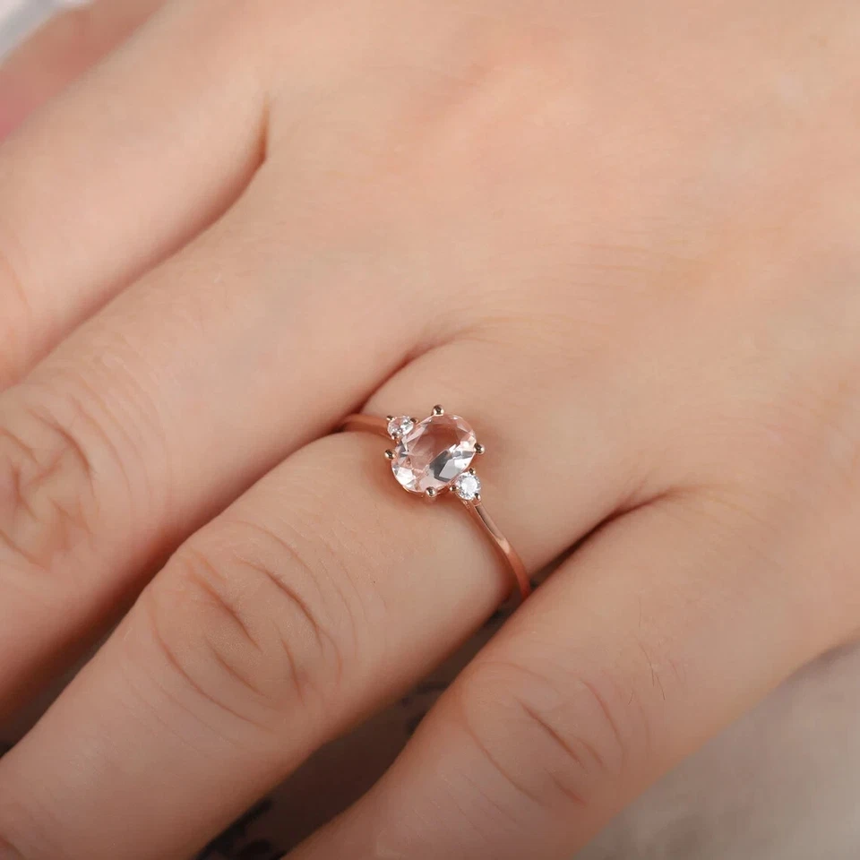 1 Ct Oval Cut Lab-Created Peach Morganite Three Stone Ring 14K Rose Gold Plated - Image 2 of 4