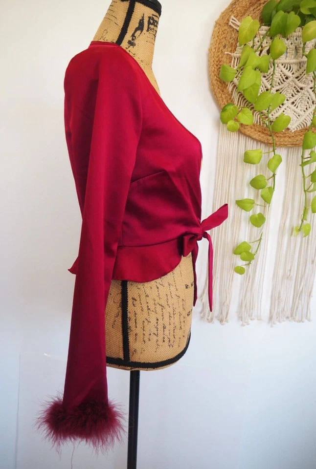 Burgundy Satin Shrug Feather Trim Tie Front Special Occasion Blouse Sz XS NWT - Image 2 of 4