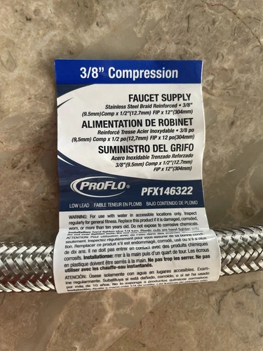 PROFLO PFX146322 3/8” Compression Braided Stainless Steel 12” Faucet Supply NEW - Picture 2 of 4