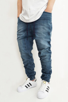 NEW MEN'S DK INDIGO DROP CROTCH DENIM JOGGER PANTS S-5XL BIG&TALL