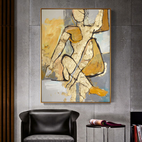 Figurine abstraite en or peinture à l'huile faite main sur toile portrait art mural moderne - Photo 1 sur 4