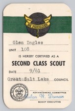 Boy Scouts of America Second Class Scout Card, 1961, Salt Lake City, Utah UT