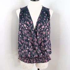 Collective Concepts Womens L Floral Sleeveless Semi-Sheer V-Neck Blouse Tank Top