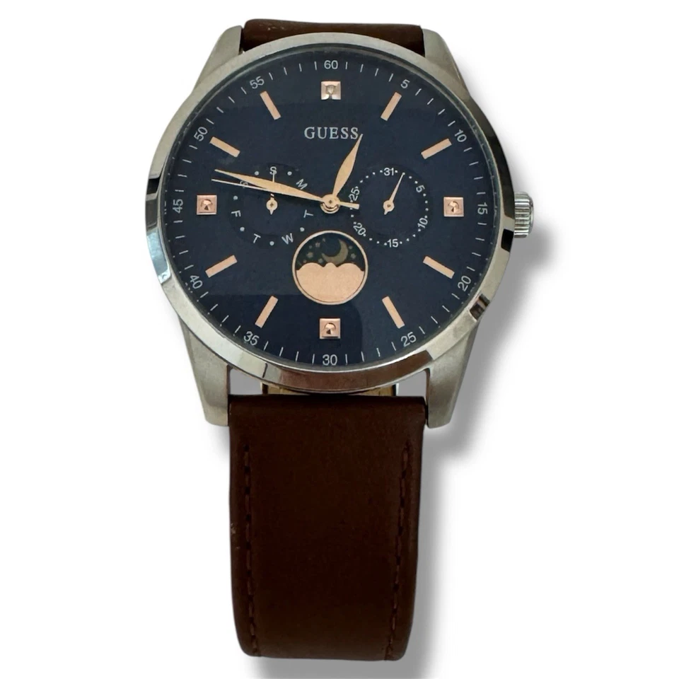 Мужские часы Guess W0879G1 фаза луны, циферблат календаря и коричневый кожаный ремешок. - Изображение 2 из 4