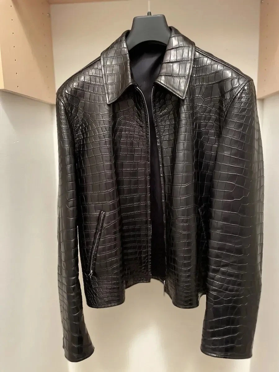 Men's Genuine Lambskin Crocodile Embossed Leather Biker Jacket Black Moto Coat