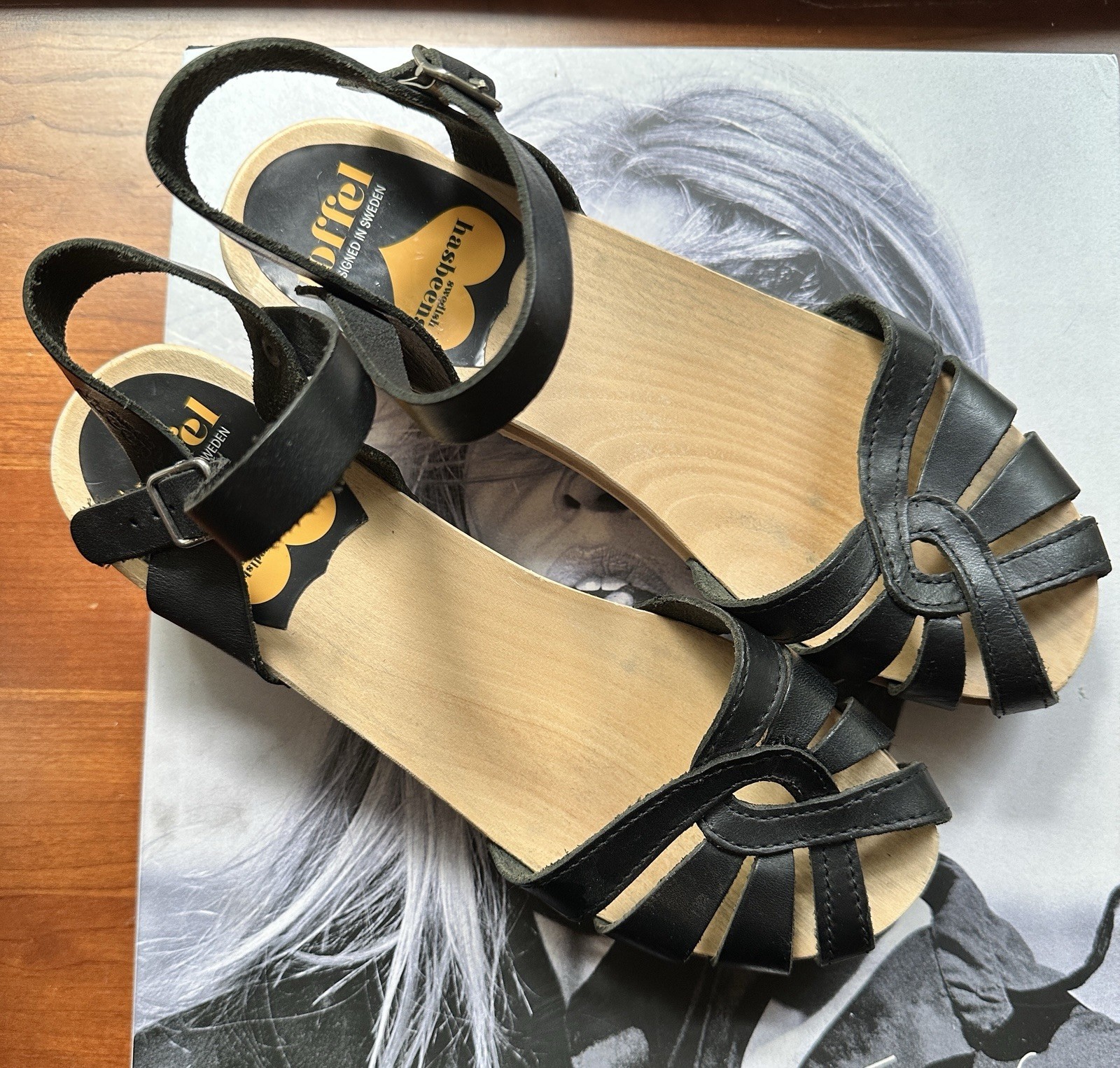 SWEDISH HASBEENS Magdalena Black Leather Clogs Strappy Sandals Size 38