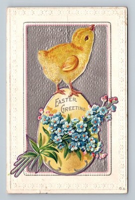 Baby Chick Flowers Egg Vintage Easter Embossed Postcard