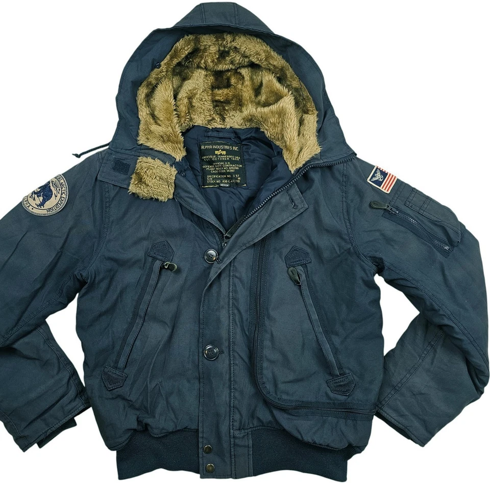*HOT Men's ALPHA INDUSTRIES @ BOMBER PARKA HOOD EXPEDITION PATCHED NAVY Coat M - Image 2 of 4
