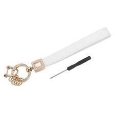 Leather Wristlet Keychain Key Chain Holder with 5 Key Ring  D Ring Gold/White