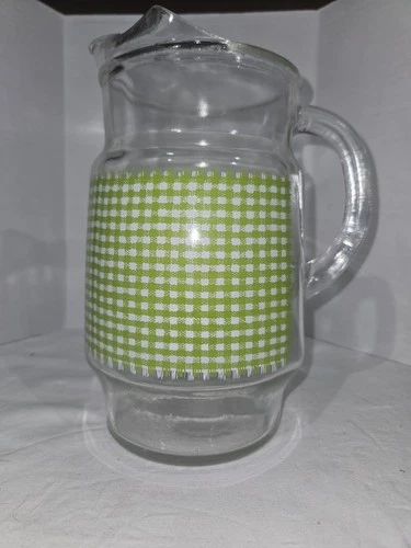 Vintage Anchor Hocking Green White Gingham Pitcher 10” MCM Cottage Core
