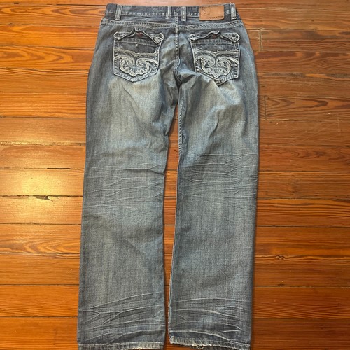 Y2K Flypaper Embroidered Flap Pocket Jeans Distressed Wash Bootcut 34x32