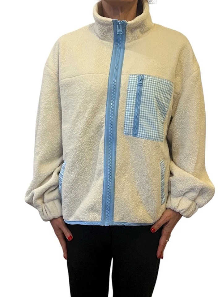 Women's Sandy Liang x Target  Sherpa Fleece Jacket Birch Blue Gingham Pocket L - Image 3 of 4