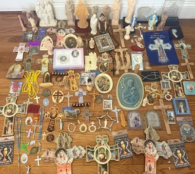 *LOT OF OVER 100 VINTAGE PLASTIC CATHOLIC RELIGIOUS STATUES & HOLY WATER FONTS