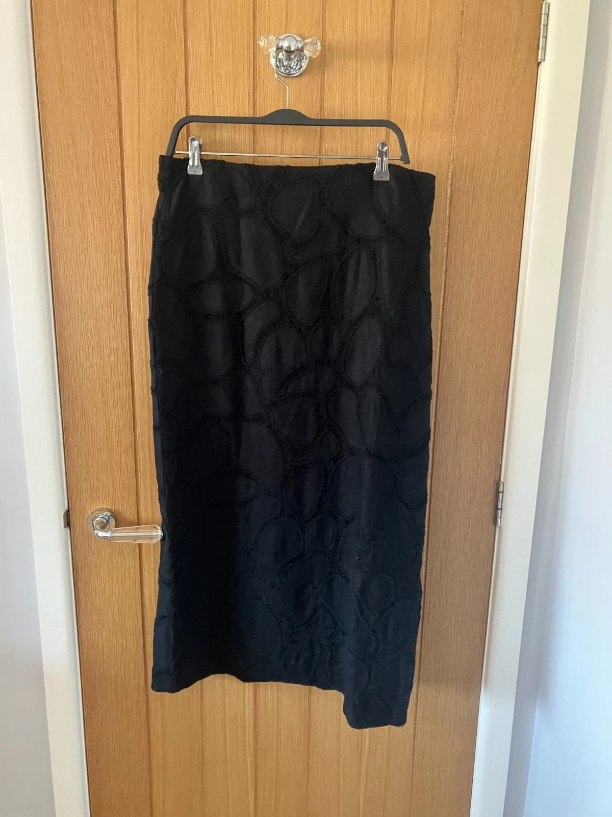 BNWT Massimo Dutti Black Straight Embroidered Linen Blend Skirt Size L/14