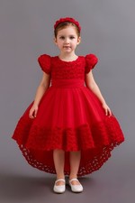 Red Lace Tulle Princess Dress Girls 5T/4T Puff Sleeve Flower Girl Party