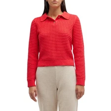 Onia Size Medium Red Macro Waffle 100% Cotton Long Sleeve Polo Sweater 