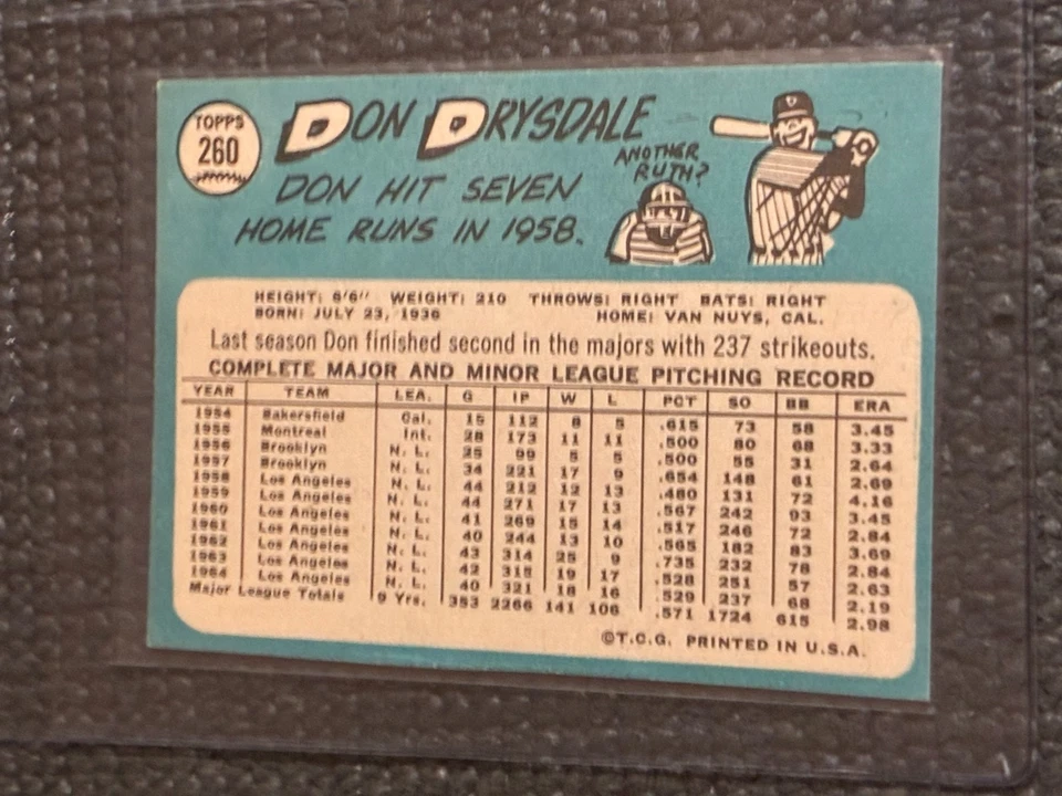 Topps Don Drysdale #260 1965 - casi nuevo/muy bueno - sin pliegues - esquinas afiladas - centrado Foto 2 de 2