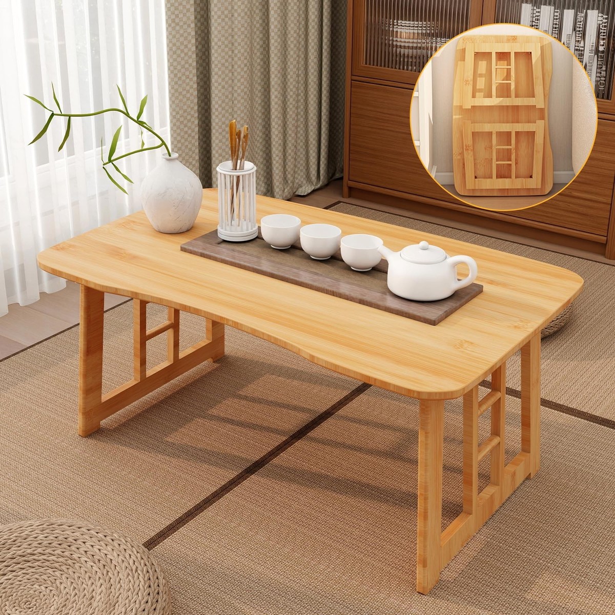 Folding Coffee Table, Japanese-Style Tatami Low Tea Table, Solid W