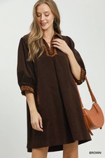Umgee V-Neck Shift Dress with Contrast Trim - Brown - Small