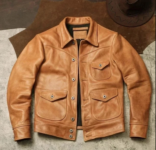 Men’s Full Grain Cowhide Leather Jacket Retro Biker Farmer Vintage Style